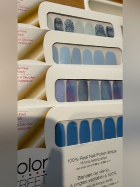 4 packages Color Street nail wraps, blues, glitter, pattern, solid plz read Desc